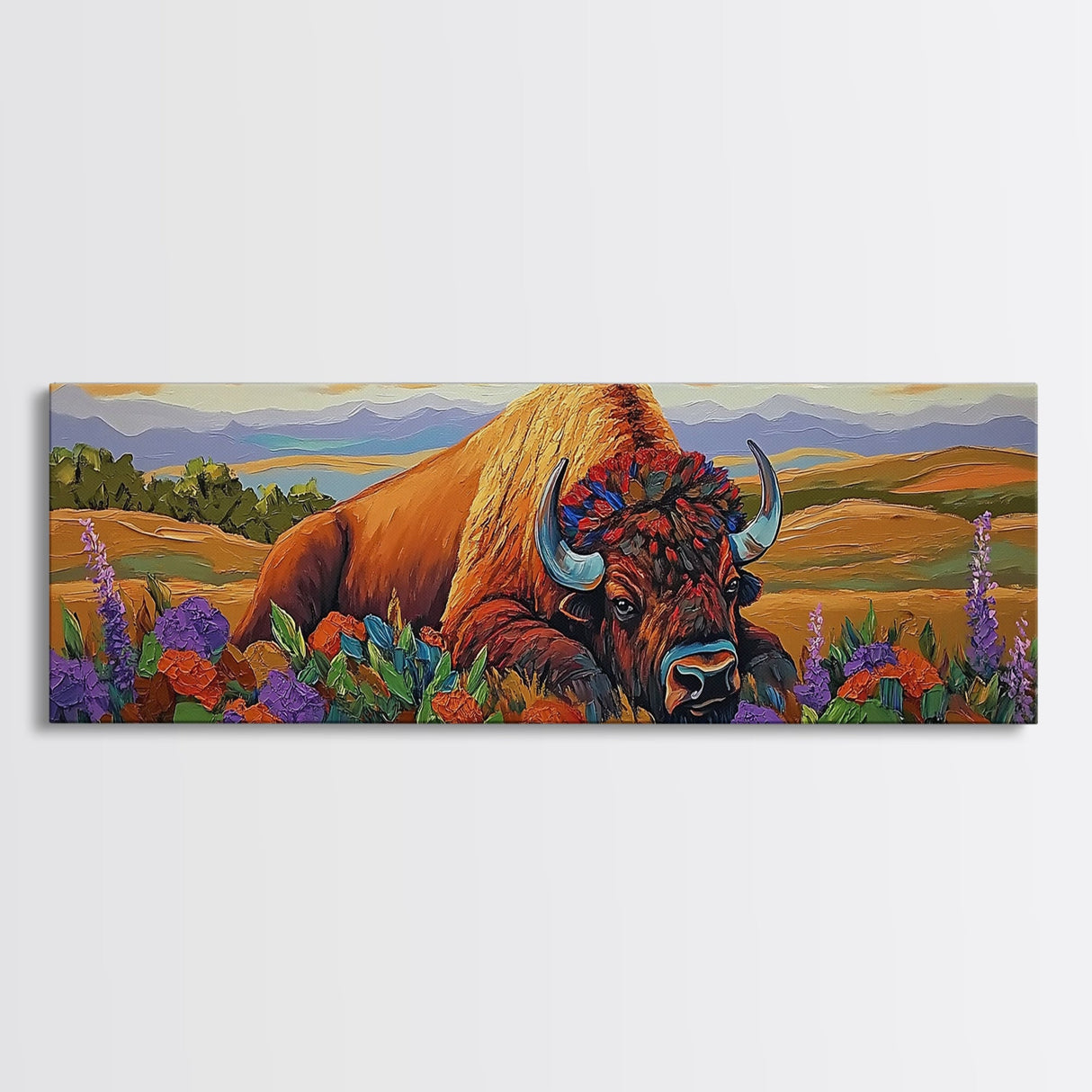 Resting Bison, Sunset Plains, Prairie Wildflowers, Framed Canvas Print, Autumn Decor, Western Wall Art, Cabin Living Room Accent