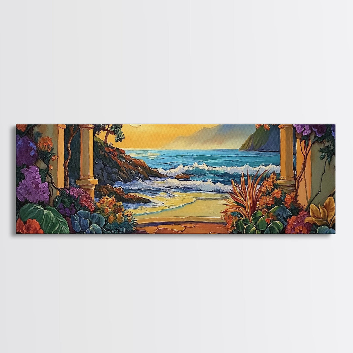 Ocean Escape, Sunset Garden, Floral Coastal Scene, Mediterranean Vibes, Framed Canvas Print, Kitchen Wall Art, Bold Color Artwork