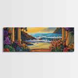 Ocean Escape, Sunset Garden, Floral Coastal Scene, Mediterranean Vibes, Framed Canvas Print, Kitchen Wall Art, Bold Color Artwork