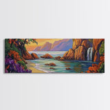 Waterfall Cove, Sunset Seascape, Tropical Paradise, Nature Retreat, Framed Canvas Print, Bathroom Wall Art, Vibrant Coastal Art