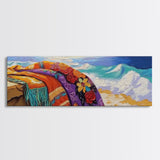 Ocean Blanket Painting, Sunset Coastline Scene, Canvas Print, Coastal Boho Wall Art, Bedroom or Beach House Decor