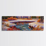 Snowy Mountain Pond, Winter Forest Stream, Sunset Reflection, Canvas Print, Rustic Cabin Wall Art, Nature Landscape Art