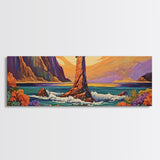 Ocean Rock Island, Sunset Coastline, Floral Foreground, Canvas Print, Living Room Wall Art, Mystical Nature Landscape
