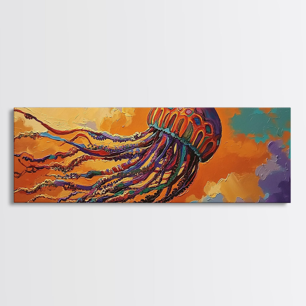 Vibrant Jellyfish, Ocean Creature, Sunset Sky, Living Room Decor, Framed Canvas Print, Coastal Wall Art, Bright Colorful Boho Art