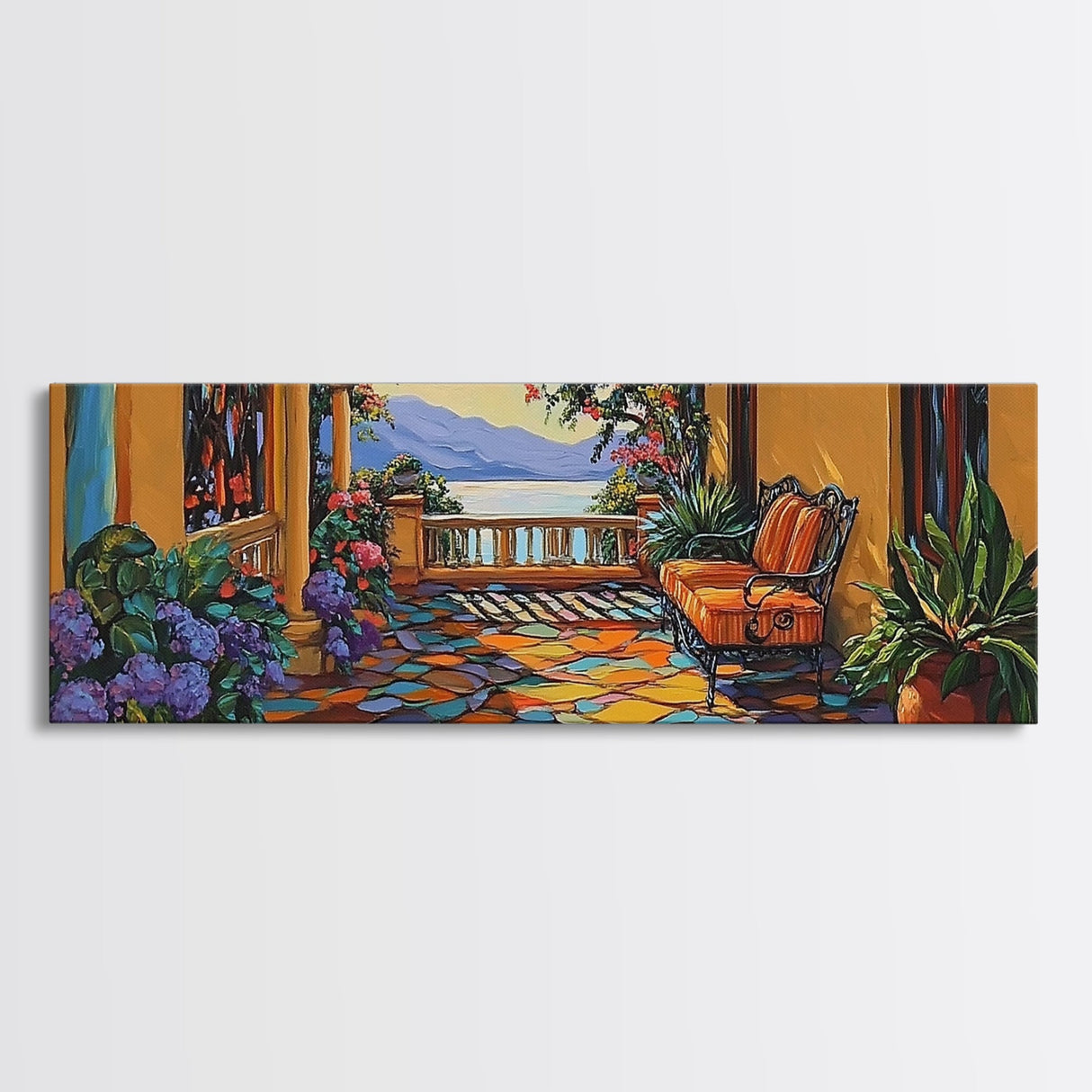 Garden Balcony, Mediterranean Villa, Sunset View, Cozy Terrace, Canvas Print, Tuscan Decor, Romantic Outdoor Wall Art
