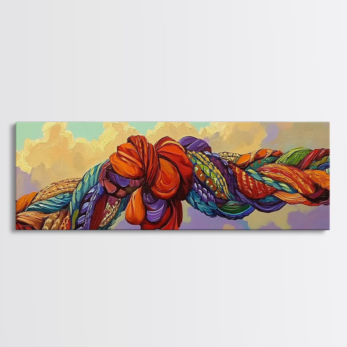 Colorful Rope Knot, Textured Fabric Art, Whimsical Decor, Framed Canvas Print, abstract textile art, fiber wall art, boho bedroom