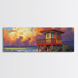 Lifeguard Tower Glow, Beach Sunset Scene, Holiday Decor, Framed Canvas Print, coastal art, tropical beach home, fall season decor