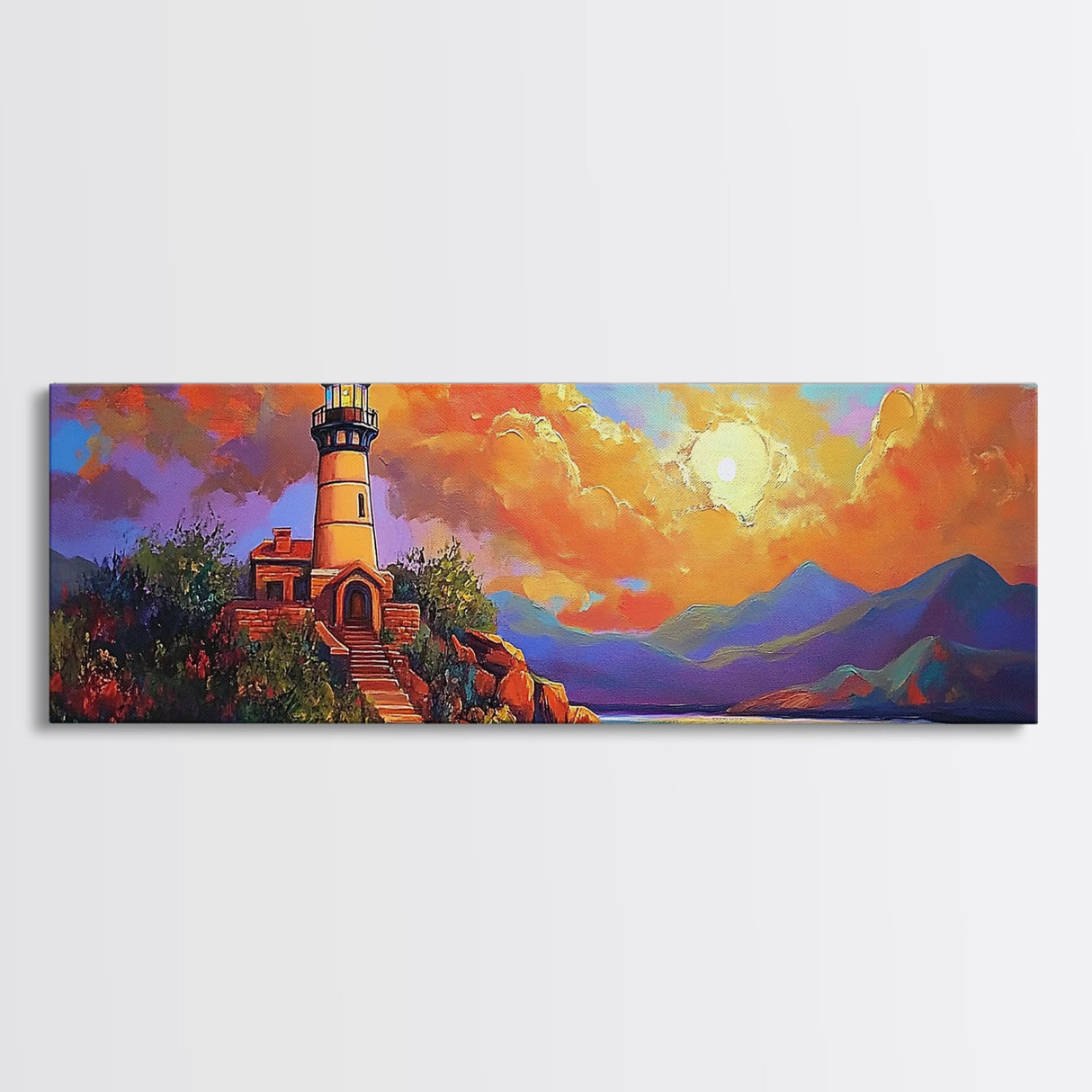 Lighthouse Sunset, Coastal Path, Mountain Horizon, Framed Canvas Print, nautical wall art, romantic sunset, boho living room decor