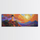 Lighthouse Sunset, Coastal Path, Mountain Horizon, Framed Canvas Print, nautical wall art, romantic sunset, boho living room decor
