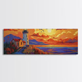 Seaside Lighthouse View, Sunset Birds, Coastal Dream, Framed Canvas Print, ocean wall art, rustic beach decor, entryway statement piece