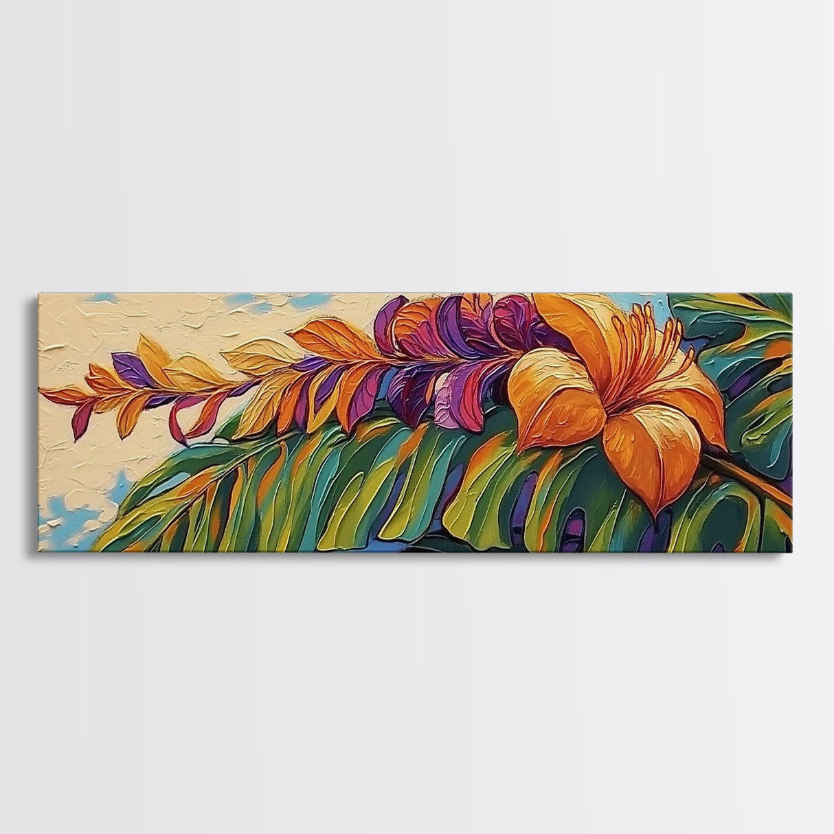Tropical Leaves, Bold Floral, Exotic Bloom, Modern Art, Framed Canvas Print, boho jungle decor, bedroom wall art, tropical artwork