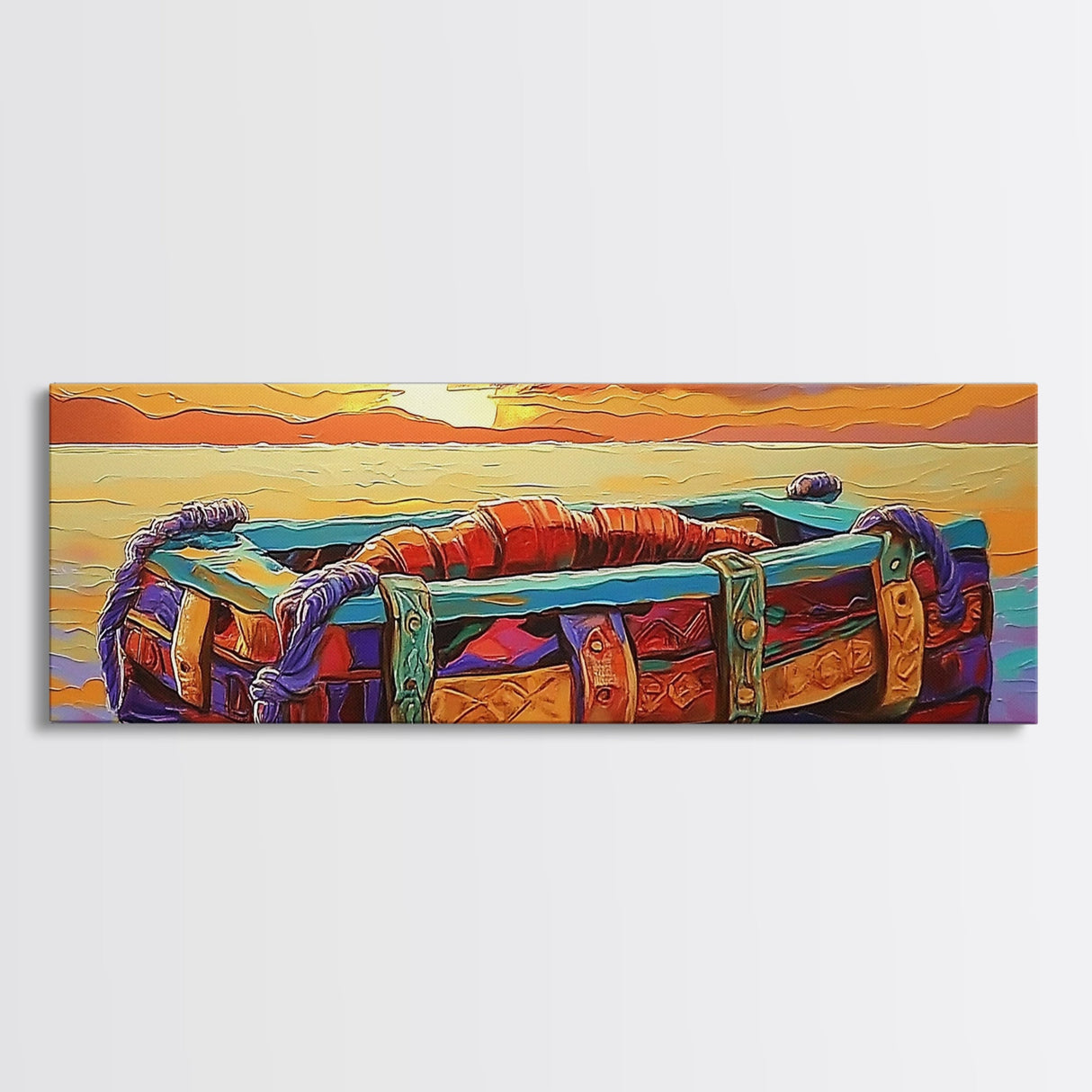 Sunset Raft, Ocean Stillness, Island Mood, Coastal Glow, Canvas Print, bathroom wall art, tropical nautical art, warm beach colors