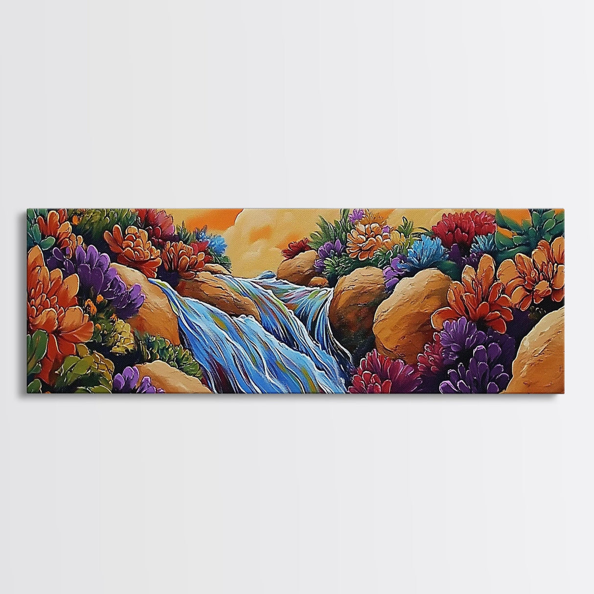 Waterfall Garden Scene, Colorful Floral Cascade, Fantasy Nature Artwork, Framed Canvas Print, Vibrant Bathroom or Entryway Art