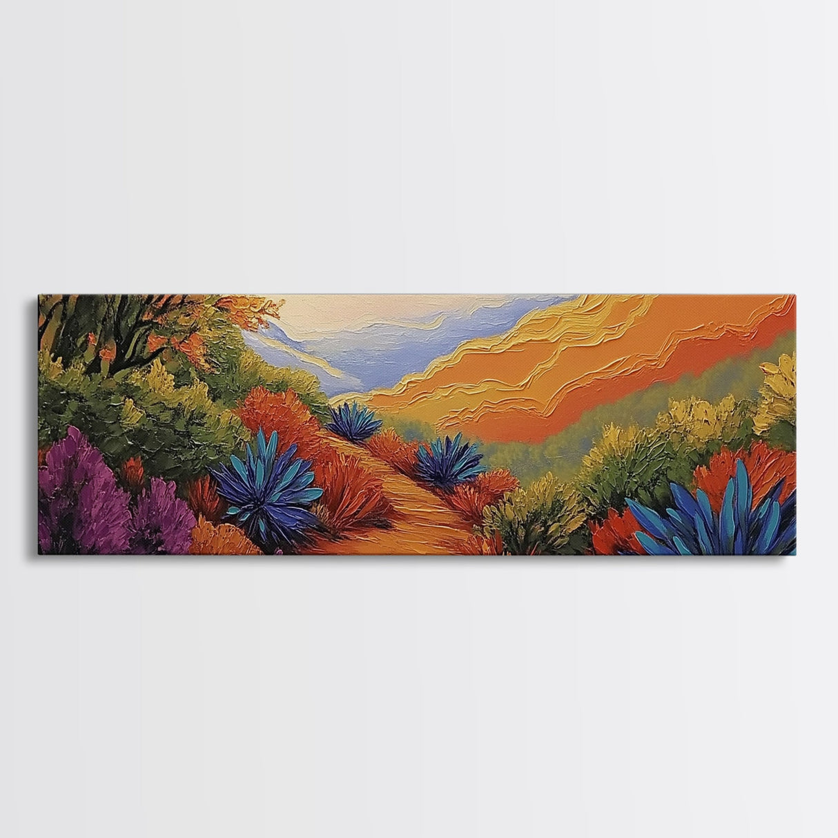 Vibrant Desert Path, Bold Landscape Painting, Agave and Sunset View, Framed Canvas Print, Southwest Kitchen or Hallway Wall Art