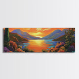 Mountain Sunset Lake, Bold Nature Landscape, Vibrant Water Reflection, Framed Canvas Print, Rustic Living Room or Cabin Wall Art