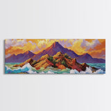 Sunset Island Scene, Bold Ocean Mountainscape, Tropical Beach Decor, Framed Canvas Print, Boho Bedroom or Vacation Home Wall Art
