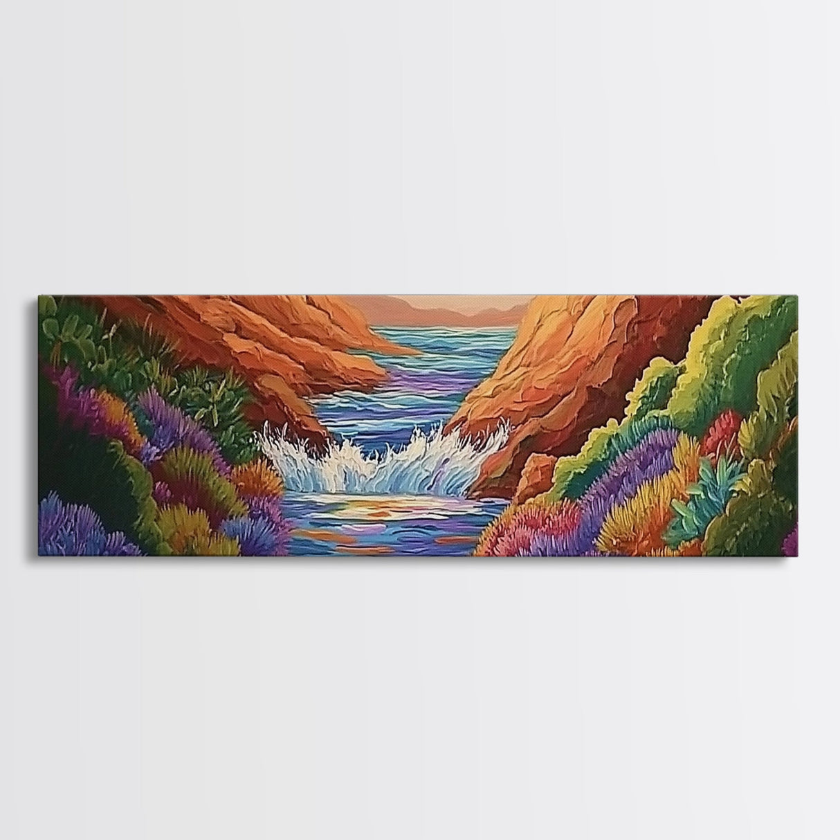 Canyon Stream Bloom, Colorful Desert River Scene, Vibrant Nature Painting, Framed Canvas Print, Southwest Living Room or Office Art