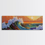 Sunset Ocean Wave, Colorful Seascape, Coastal Wall Decor, Living Room Art, Vibrant Beach Scene, Framed Canvas Print, Bold Brush Strokes
