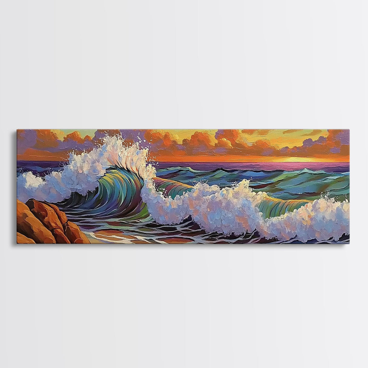 Vibrant Wave Break, Sunset Beach Art, Ocean Surf Decor, Modern Seascape Accent, Living Room Wall, Framed Canvas Print