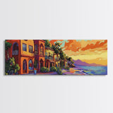 Coastal Village Sunset, Beach House Art, Vibrant Colorful Home Decor, Tropical Wall Style, Framed Canvas Print, Vacation Vibes