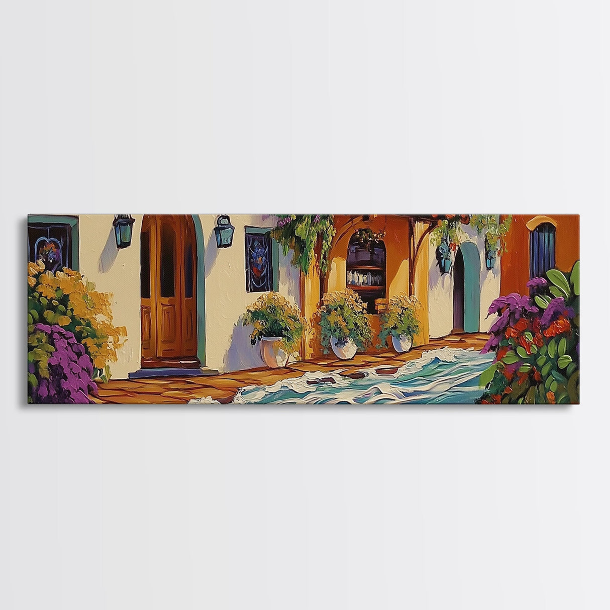 Hacienda Courtyard, Rustic Charm Art, Southwest Home Decor, Floral Garden Wall Accent, Framed Canvas Print, Dining Room Style