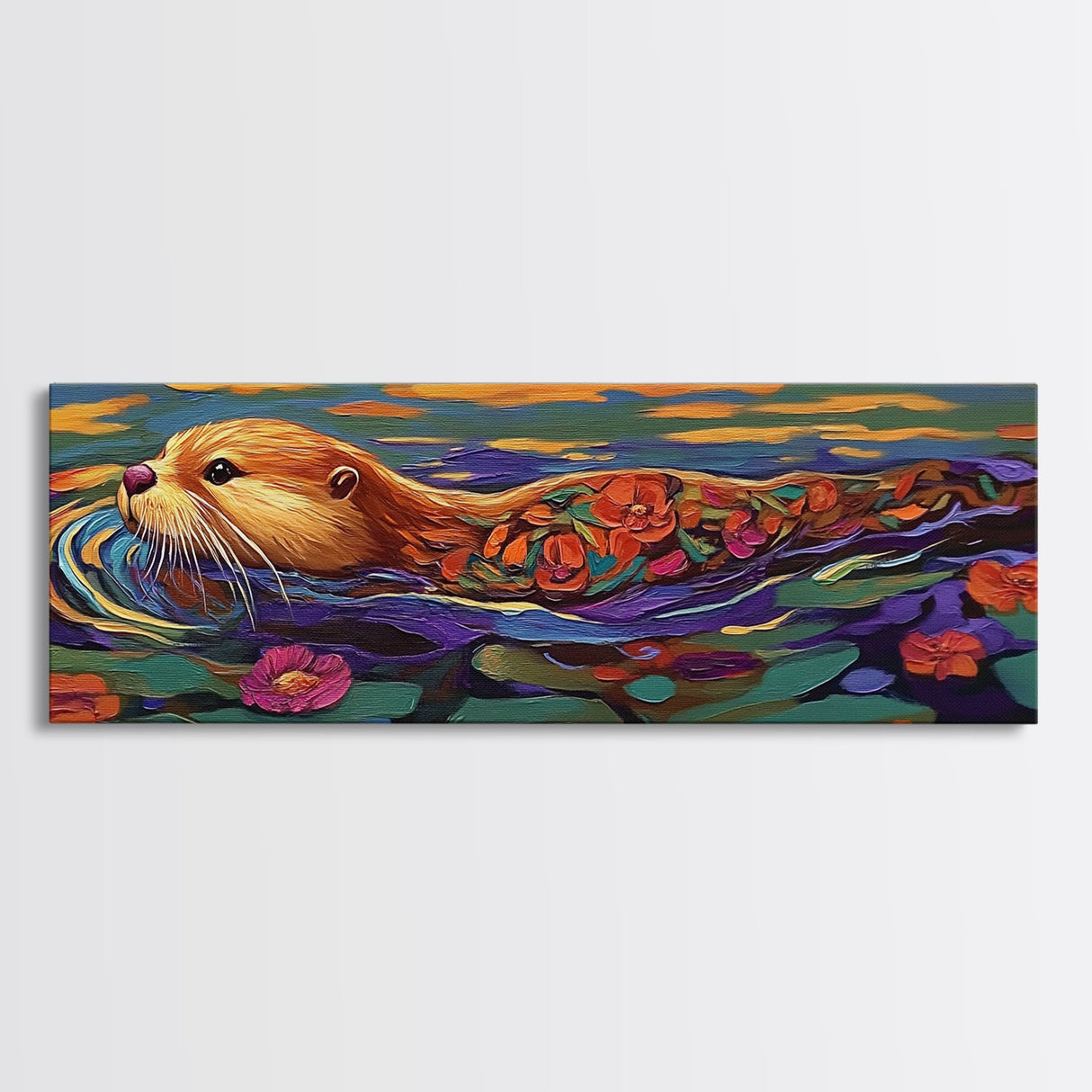 Whimsical Otter, Floral Animal, Playful River, Canvas Print, cute otter painting, animal nursery decor, boho animal print
