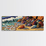 Rocky Shoreline Waves, Ocean Rocks Art, Seaside Spray, Framed Canvas Print, Bathroom Coastal Wall Art, Bold Beach Style, Nautical Decor