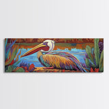 Colorful Pelican, Tropical Bird, Lake Wildlife, Autumn Palette, Framed Canvas Print, Boho Nature Wall Art, Dining Room Bird Artwork