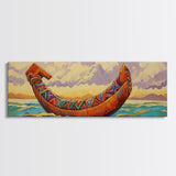 Tribal Canoe, Ocean Spirit, Ethnic Decor, Sunset Waterscape, Framed Canvas Print, Rustic Coastal Art, Living Room Adventure Decor