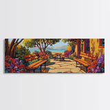 Garden Patio, Seaside Escape, Bright Cottage, Floral Path, Framed Canvas Print, Summer Porch Art, Kitchen Courtyard Painting