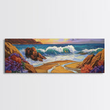 Coastal Wave, Bold Surf, Rocky Sunset, Flower Shoreline, Framed Canvas Print, Nautical Art, Bathroom Beach Landscape Decor