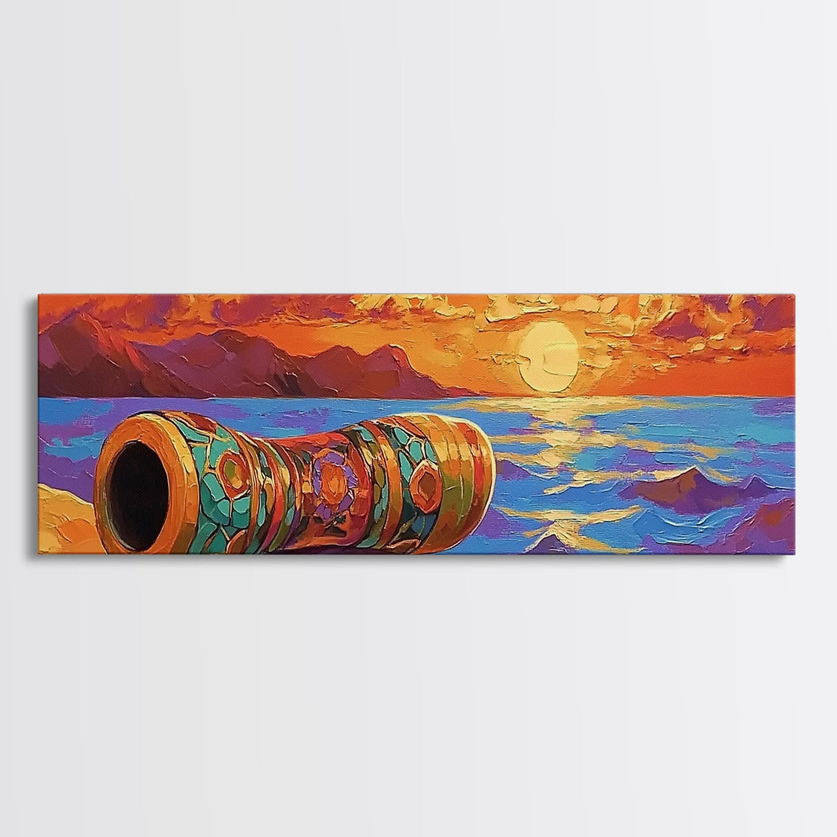 Mosaic Drum, Sunset Rhythm, Tribal Ocean, Desert Music, Framed Canvas Print, Eclectic Art, Living Room Music Wall Piece