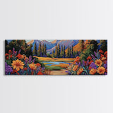 Wildflower Trail Art, Mountain Landscape, Framed Canvas Print, Nature Inspired Decor, Boho Living Room Wall Art, Vibrant Floral Scene