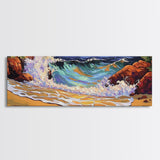 Wave Crash, Rocky Beach, Golden Coast, Tropical Splash, Framed Canvas Print, Coastal Wall Art, Bold Bathroom Decor, Surf Art Style