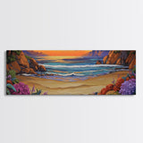 Tranquil Beach Sunset, Colorful Coastal Scene, Ocean Cliff View, Floral Accents, Framed Canvas Print, Dining Room art,  Office Art