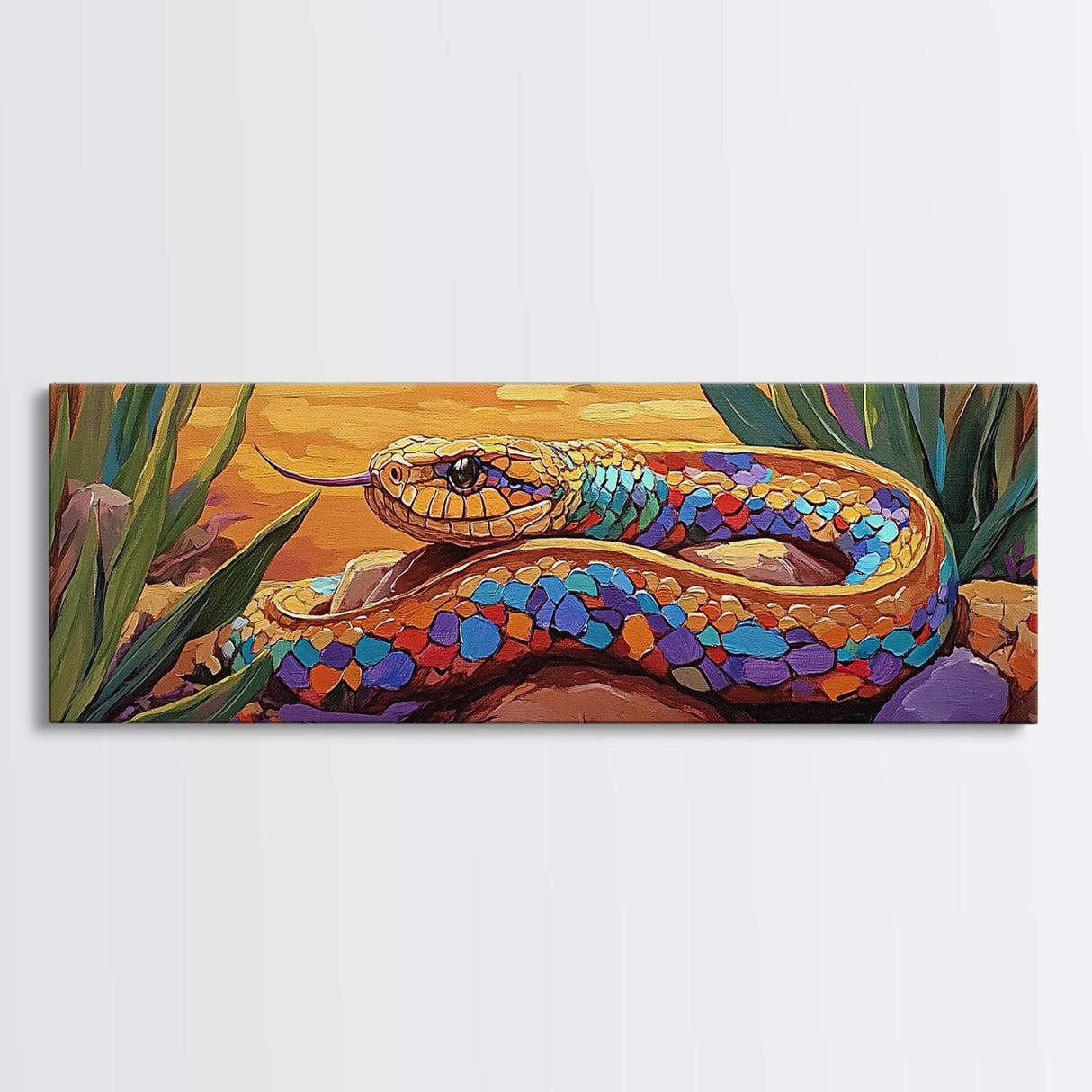 Sunset Snake Painting, Colorful Desert Creature, Serpent Among Rocks, Framed Canvas Print, Boho Wall Art, Eclectic Decor Piece