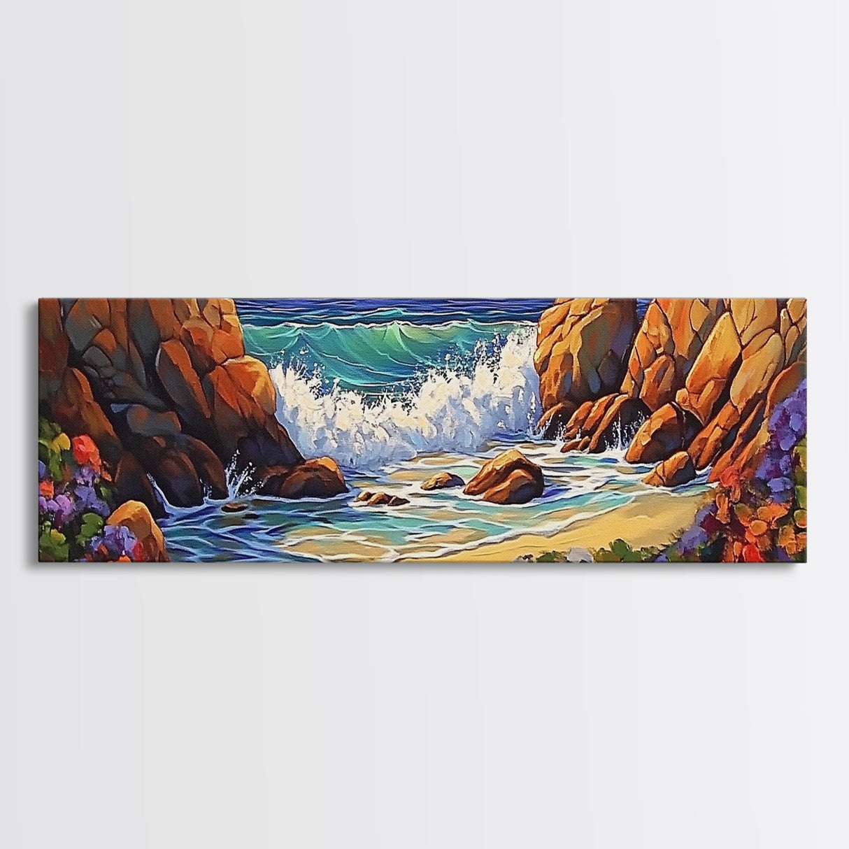 Rocky Shore Break, Ocean Cliff Scene, Seaside Escape, Framed Canvas Print, Coastal Bathroom Wall Art, Nautical Beach Decor