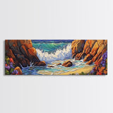 Rocky Shore Break, Ocean Cliff Scene, Seaside Escape, Framed Canvas Print, Coastal Bathroom Wall Art, Nautical Beach Decor