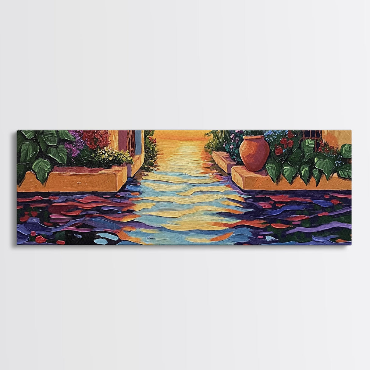 Sunset Canal Garden, Water Reflections, Warm Floral Courtyard, Framed Canvas Print, Kitchen Wall Art, Romantic Boho Artwork