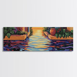 Sunset Canal Garden, Water Reflections, Warm Floral Courtyard, Framed Canvas Print, Kitchen Wall Art, Romantic Boho Artwork