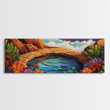 Garden Oasis, Coastal Pool, Tropical Bloom, Framed Canvas Print, Bathroom Wall Art, Vibrant Nature Decor, Colorful Landscape Art
