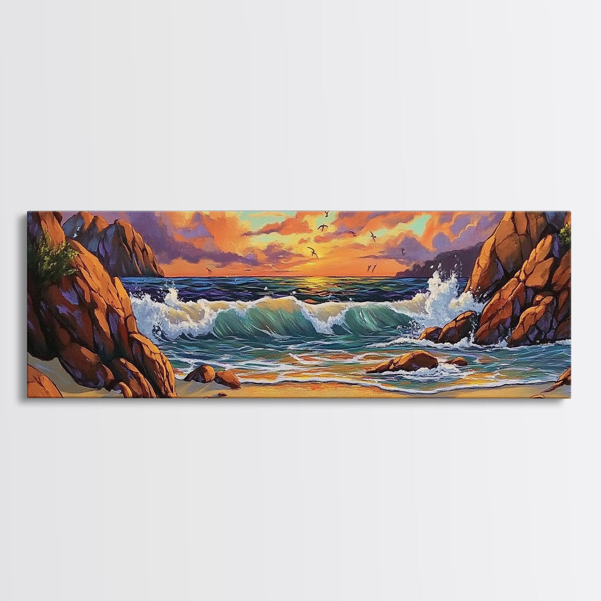 Sunset Beach Waves, Dramatic Ocean, Bold Skies, Framed Canvas Print, Entryway Wall Art, Nature Escape, Colorful Beach Scene