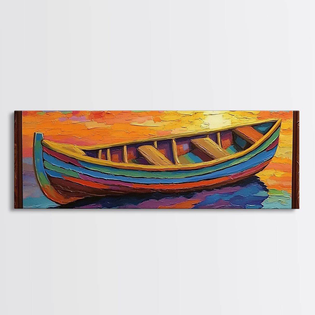 Colorful Boat, Sunset Reflection, Vibrant Seascape, Canvas Print, Nautical Living Room Wall Art, Coastal Decor, Bold Modern Art