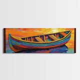 Colorful Boat, Sunset Reflection, Vibrant Seascape, Canvas Print, Nautical Living Room Wall Art, Coastal Decor, Bold Modern Art