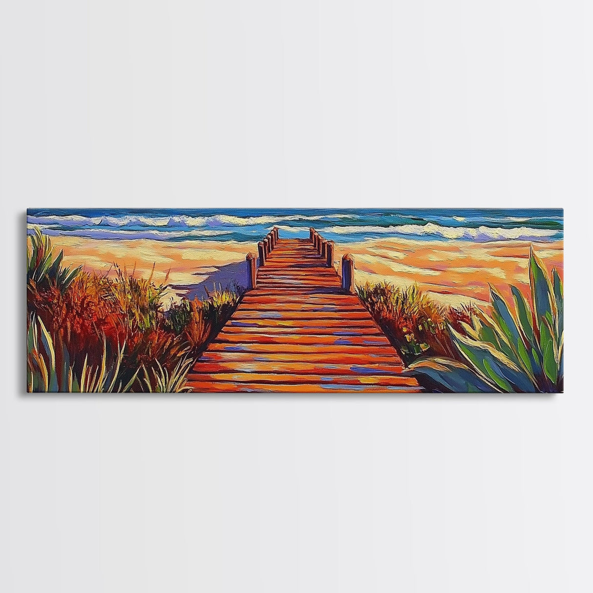 Seaside Path Art, Beach Boardwalk Print, Coastal Nature Scene, Tropical Living Room Wall Decor, Boho Style Framed Canvas Print
