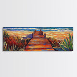 Seaside Path Art, Beach Boardwalk Print, Coastal Nature Scene, Tropical Living Room Wall Decor, Boho Style Framed Canvas Print