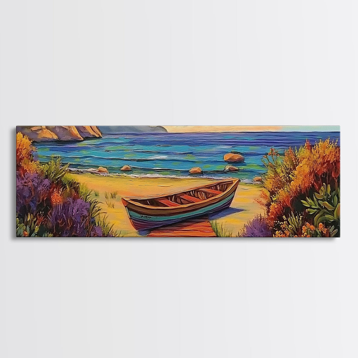Beach Rowboat Painting, Tranquil Shoreline Scene, Coastal Landscape Art, Summer Lake House Style, Framed Canvas Print, Nature Wall Art