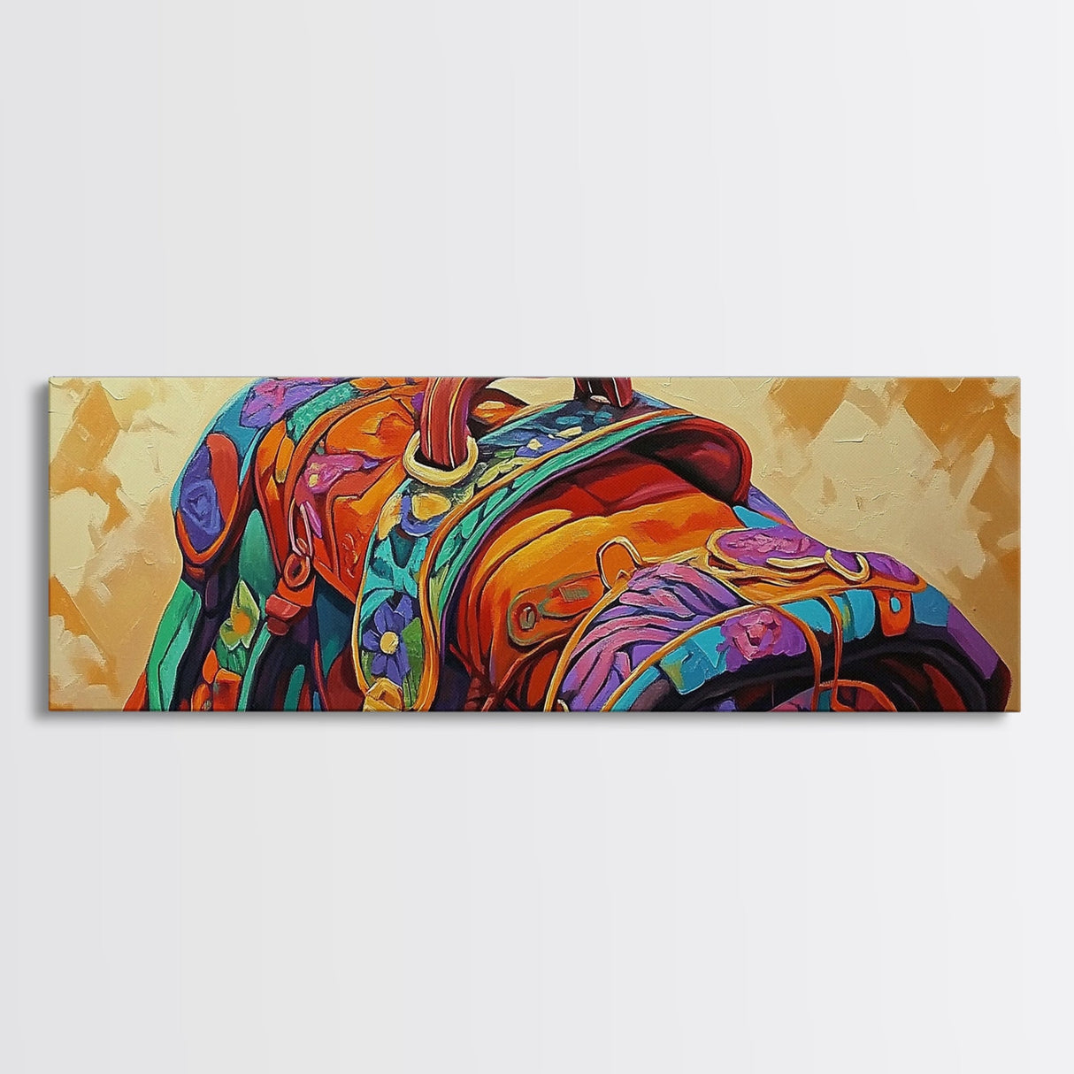 Leather Saddle, Western Gear, Bold Colors, Framed Canvas Print, Cowboy Rustic Wall Art, Boho Entryway Decor, Southwestern Farmhouse Style
