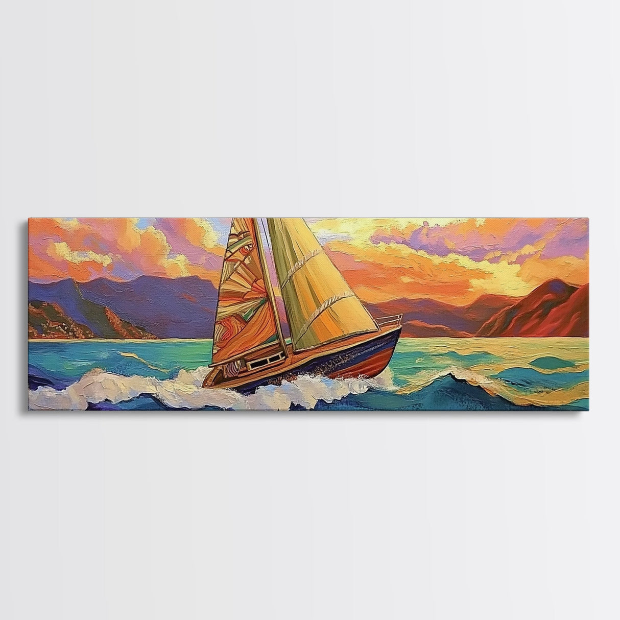 Sunset Sailboat, Coastal Art, Colorful Nautical Scene, Framed Canvas Print, Office Wall Decor, Sailing Gift, Ocean Wall Art