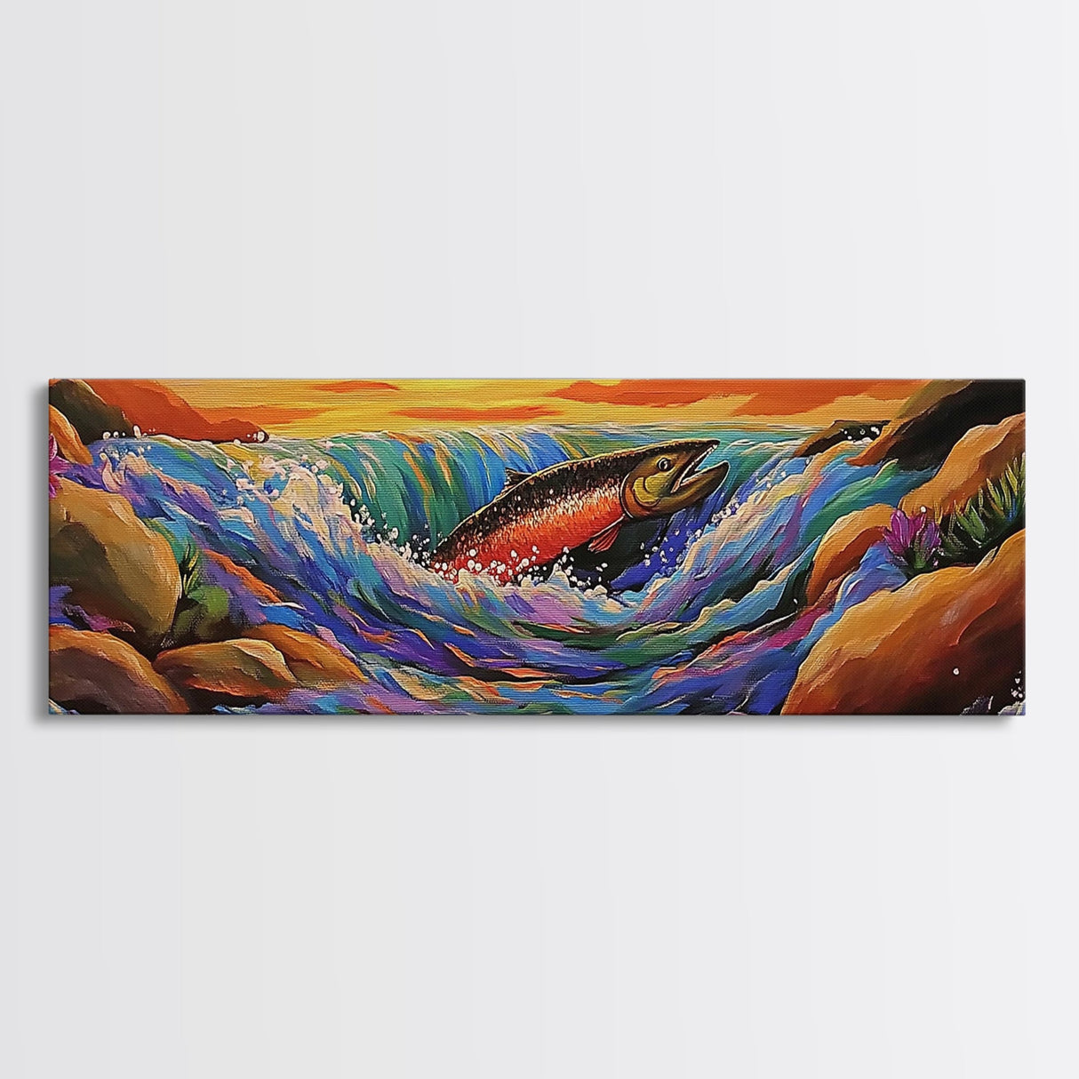 Leaping Salmon, River Fishing Scene, Wildlife Painting, Framed Canvas Print, Cabin Wall Art, Bold Nature Decor, Rustic Style